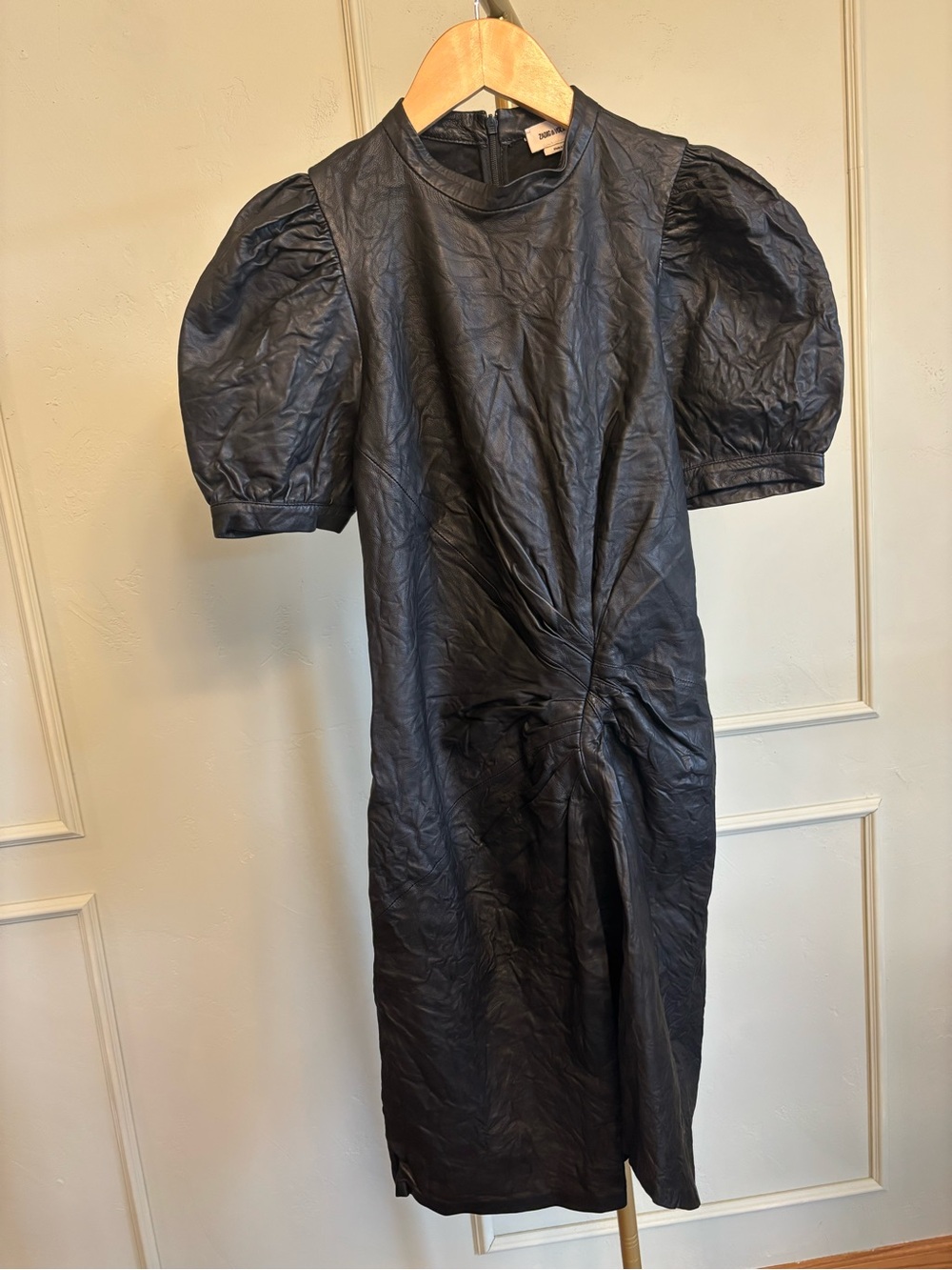 Zadig & Voltaire Black Dress Leather Twisted Waist Puff Sleeve Mini MSRP $998 - Picture 2 of 5